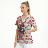 French Polynesian Christmas Scrub Top Santa Riding Hammerhead Shark Tahitian DT05 - Polynesian Pride