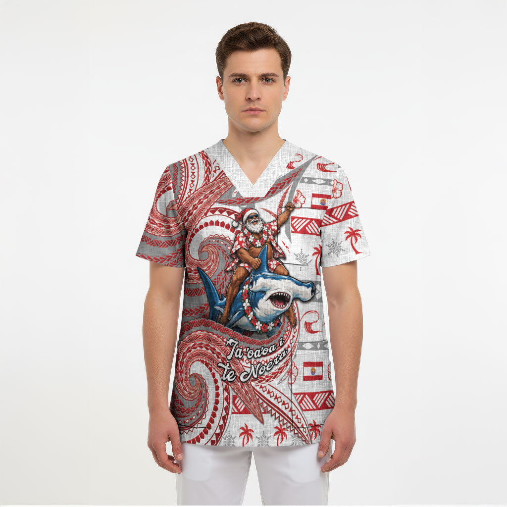 French Polynesian Christmas Scrub Top Santa Riding Hammerhead Shark Tahitian DT05 - Polynesian Pride