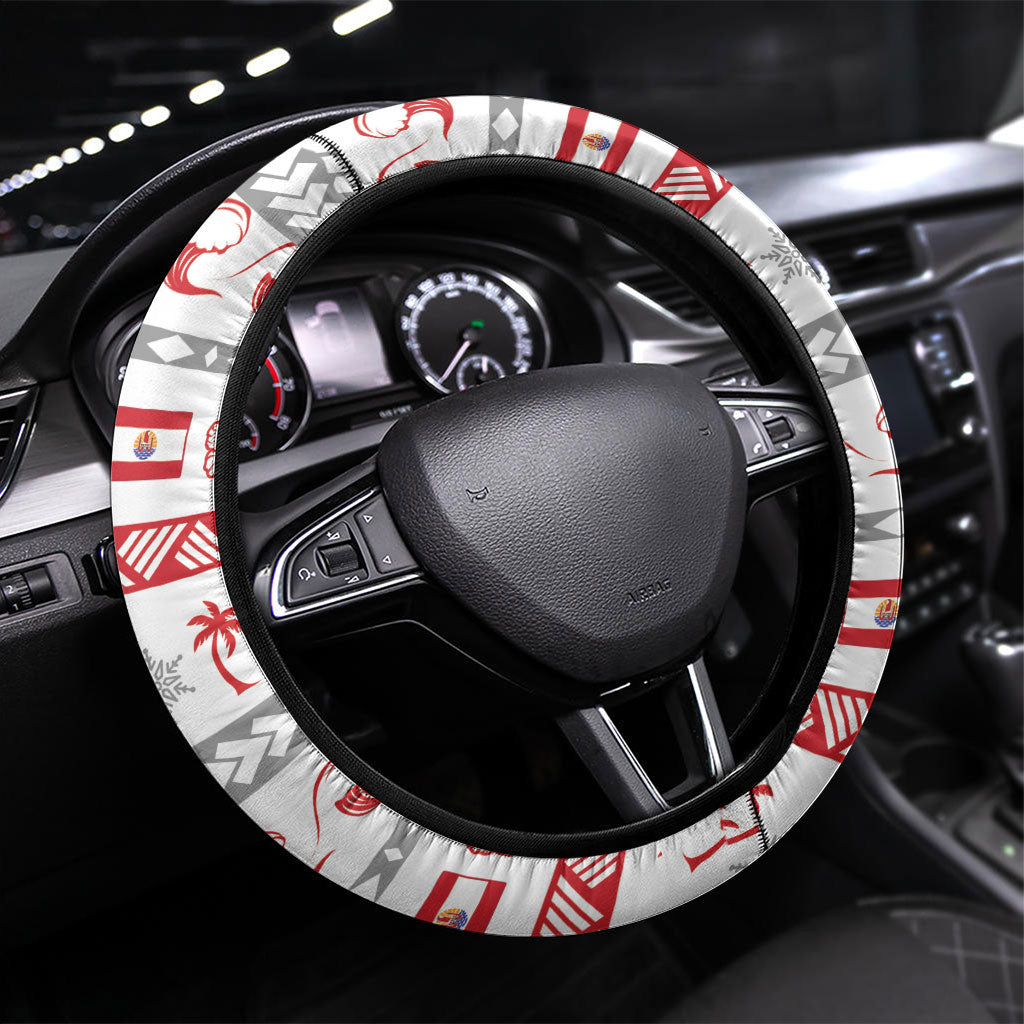 French Polynesian Christmas Steering Wheel Cover Santa Riding Hammerhead Shark Tahitian DT05 Universal Fit White - Polynesian Pride