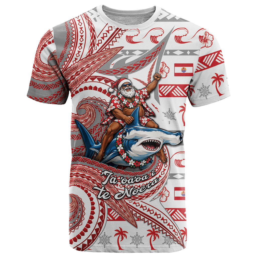 French Polynesian Christmas T Shirt Santa Riding Hammerhead Shark Tahitian