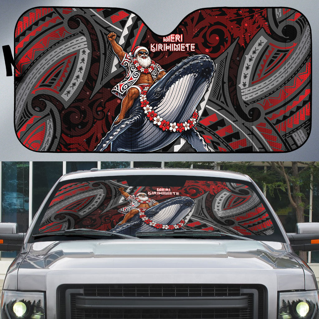 Aotearoa Christmas Auto Sun Shade Santa Riding Humpback Whale Maori Koru DT05 Red - Polynesian Pride