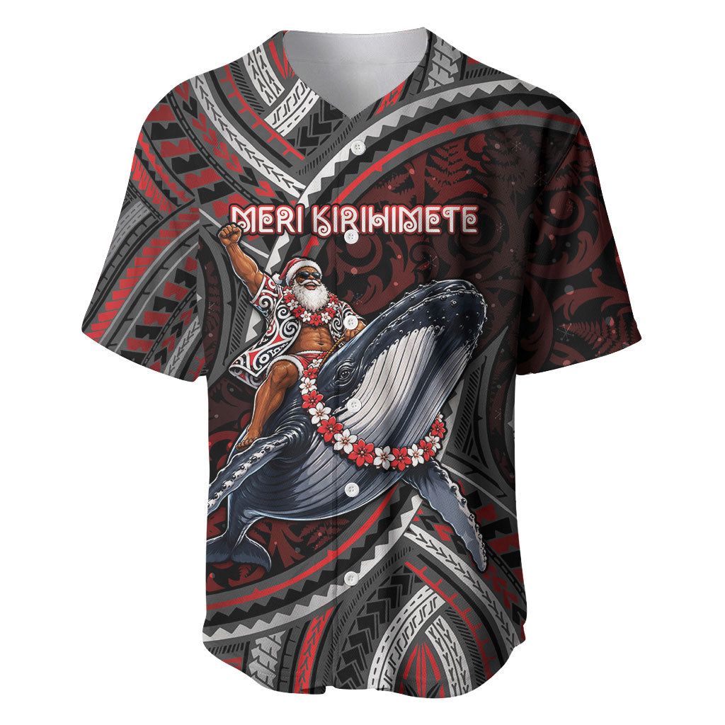 Aotearoa Christmas Baseball Jersey Santa Riding Humpback Whale Maori Koru DT05 Red - Polynesian Pride