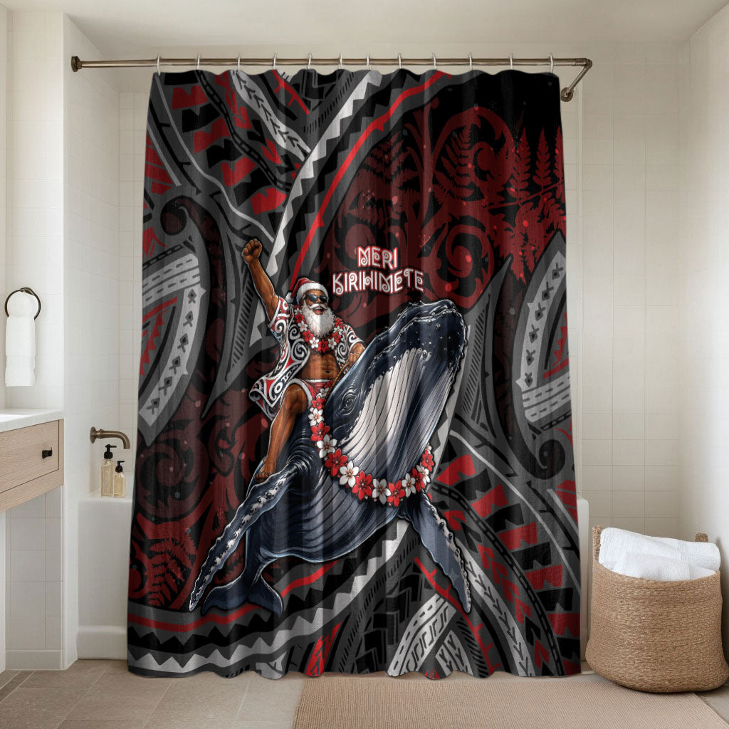 Aotearoa Christmas Bathroom Set Santa Riding Humpback Whale Maori Koru DT05 Shower Curtain Only Red - Polynesian Pride