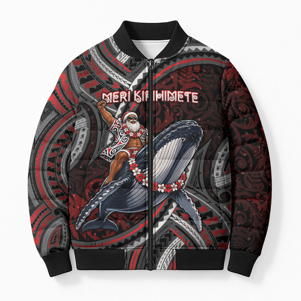 Aotearoa Christmas Bomber Puffer Jacket Santa Riding Humpback Whale Maori Koru DT05 Unisex Red - Polynesian Pride