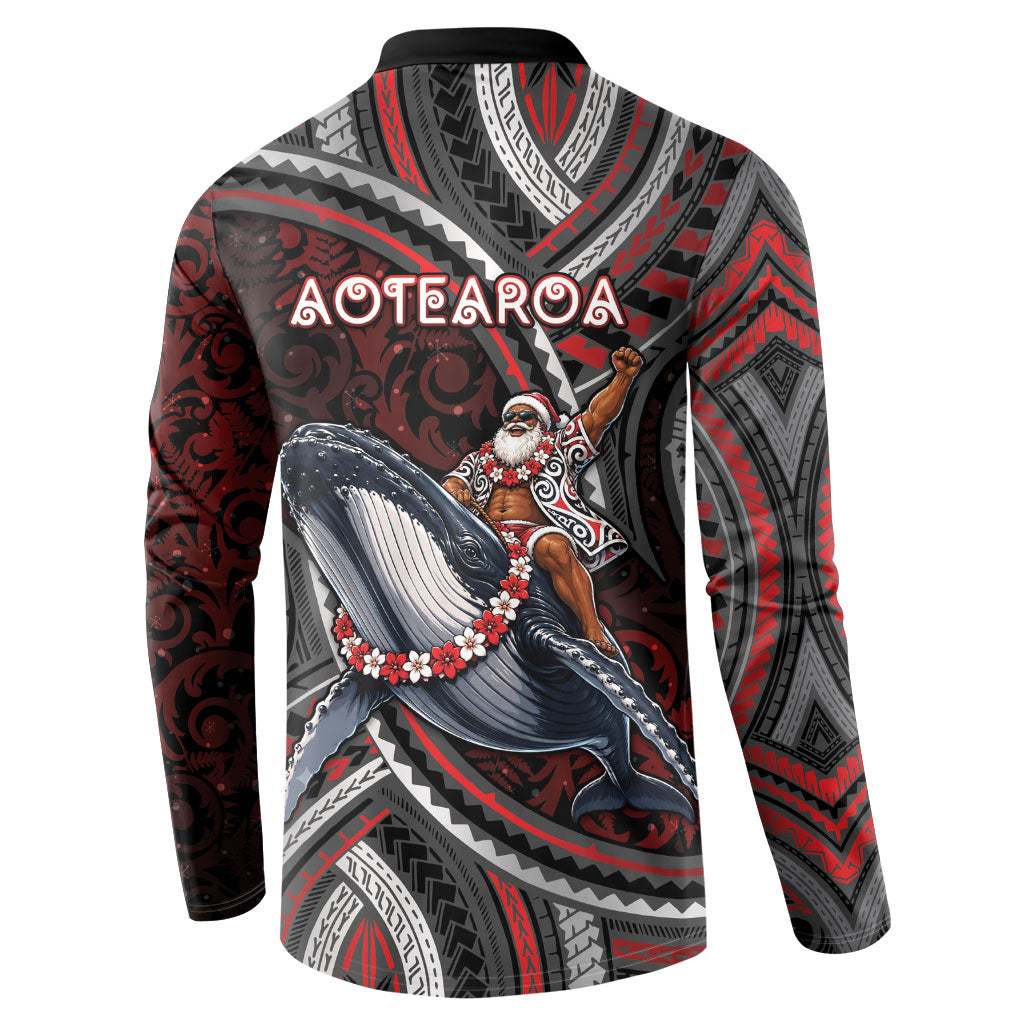 Aotearoa Christmas Button Sweatshirt Santa Riding Humpback Whale Maori Koru DT05 - Polynesian Pride