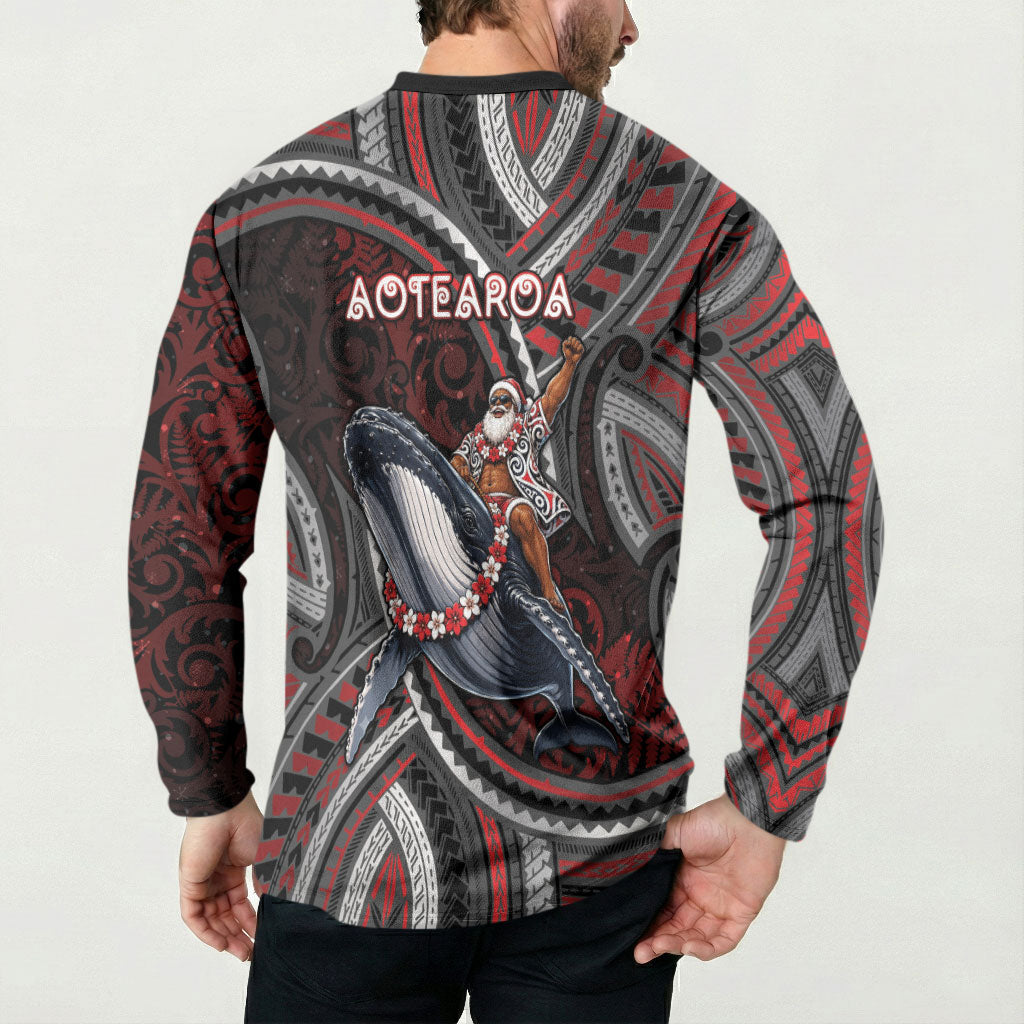 Aotearoa Christmas Button Sweatshirt Santa Riding Humpback Whale Maori Koru DT05 - Polynesian Pride