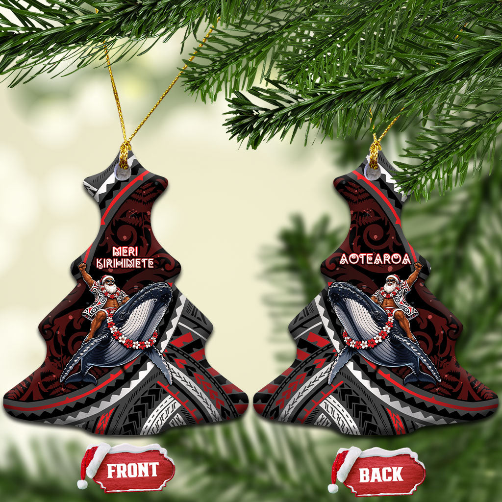 Aotearoa Christmas Ceramic Ornament Santa Riding Humpback Whale Maori Koru DT05 Christmas Tree Red - Polynesian Pride