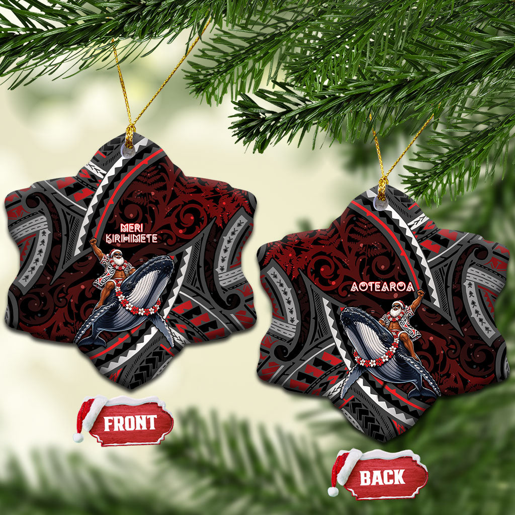 Aotearoa Christmas Ceramic Ornament Santa Riding Humpback Whale Maori Koru DT05 Snow Flake Red - Polynesian Pride