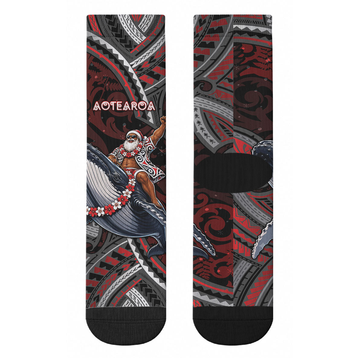 Aotearoa Christmas Crew Socks Santa Riding Humpback Whale Maori Koru DT05 - Polynesian Pride