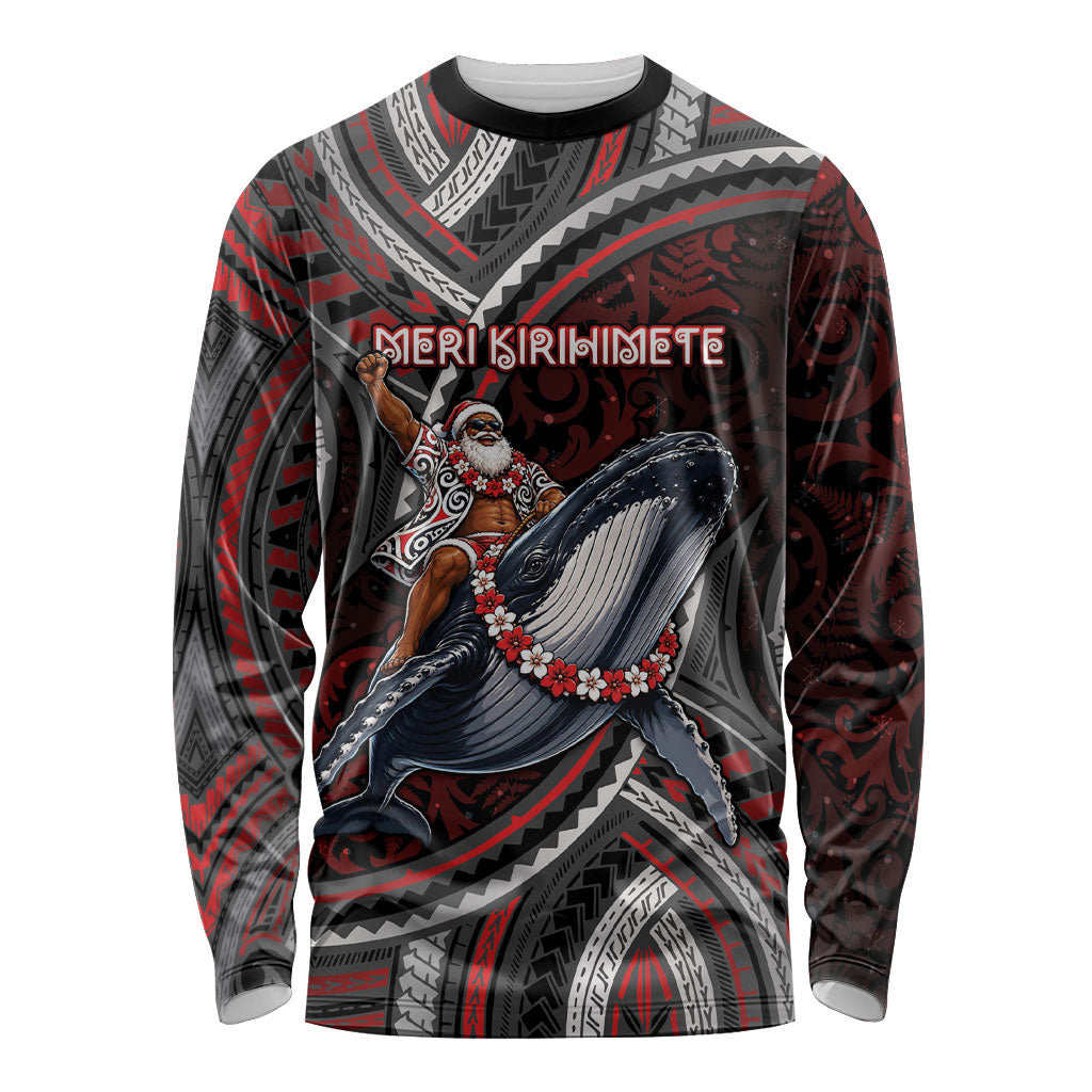 Aotearoa Christmas Long Sleeve Shirt Santa Riding Humpback Whale Maori Koru DT05 Unisex Red - Polynesian Pride