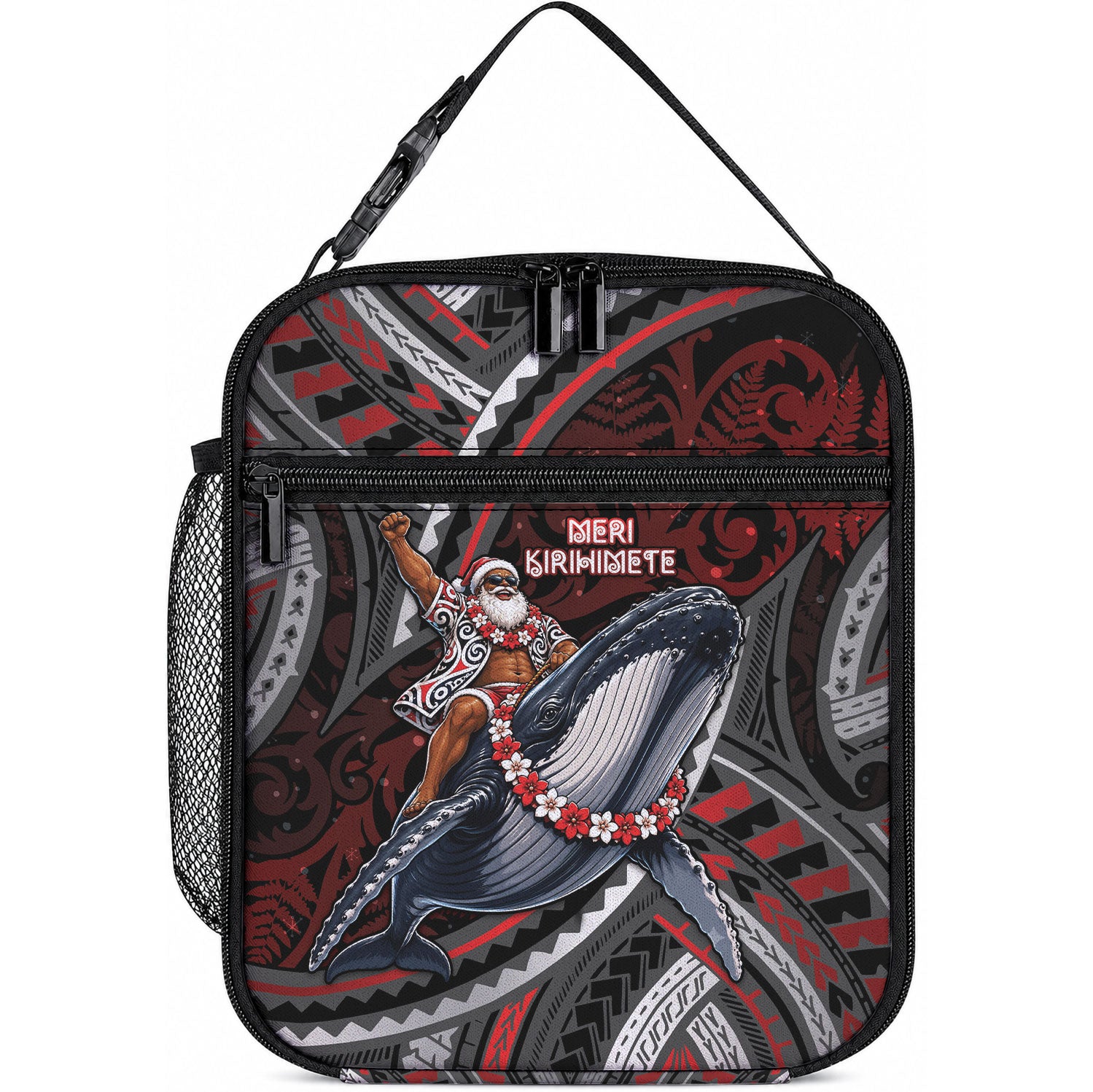 Aotearoa Christmas Lunch Bag Santa Riding Humpback Whale Maori Koru DT05 10.2 × 8.3 × 4.3 inch Red - Polynesian Pride