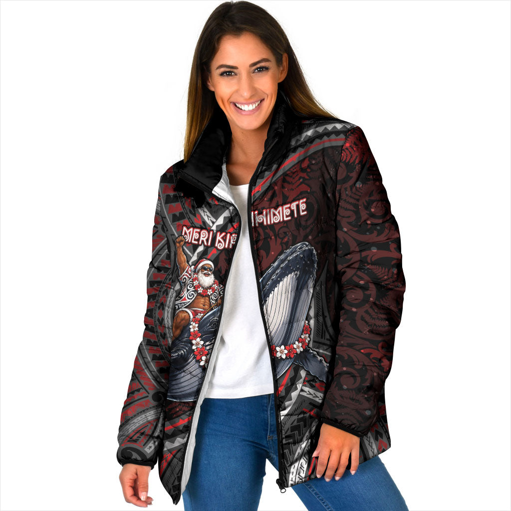 Aotearoa Christmas Padded Jacket Santa Riding Humpback Whale Maori Koru DT05 Women Red - Polynesian Pride