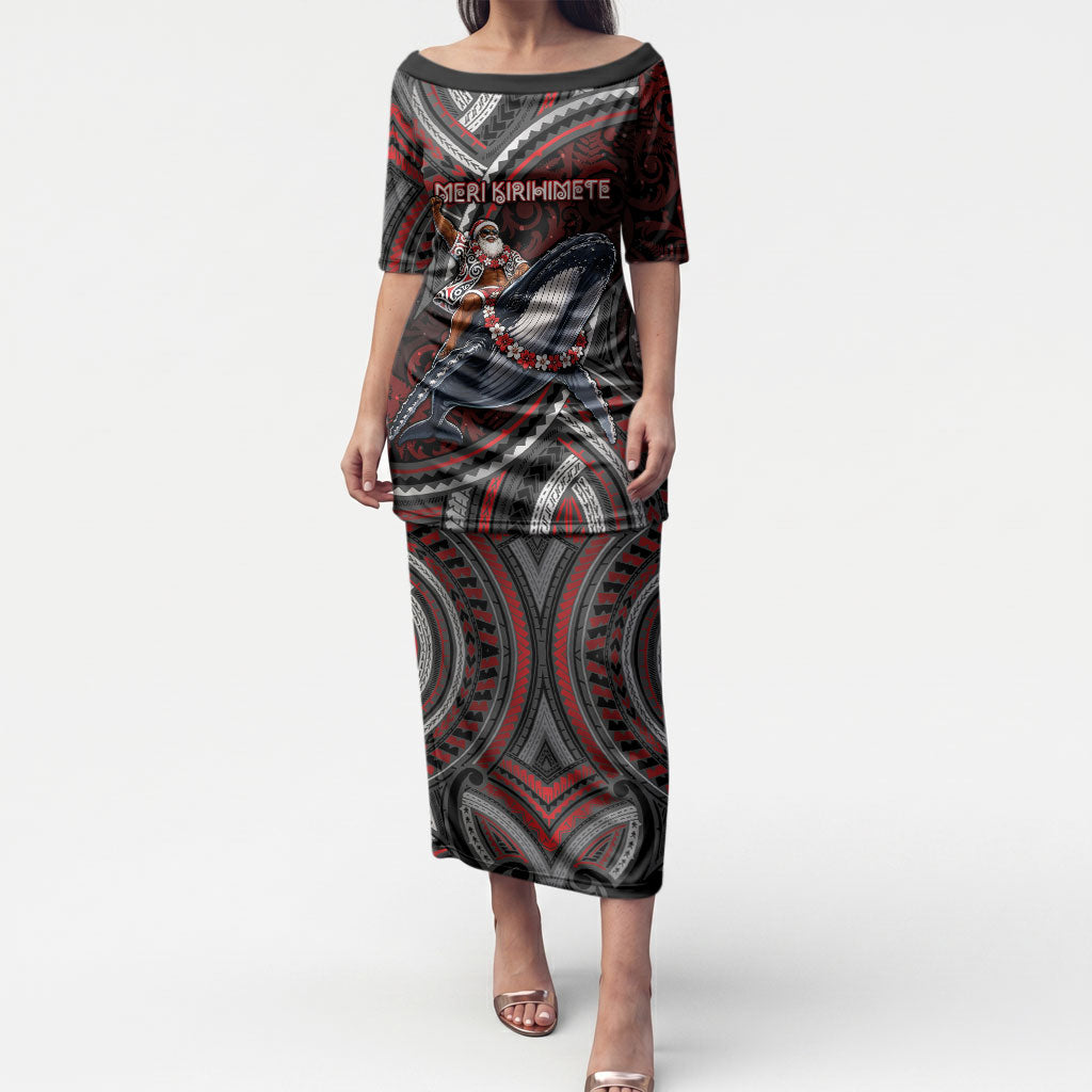 Aotearoa Christmas Puletasi Santa Riding Humpback Whale Maori Koru DT05 Long Dress Red - Polynesian Pride