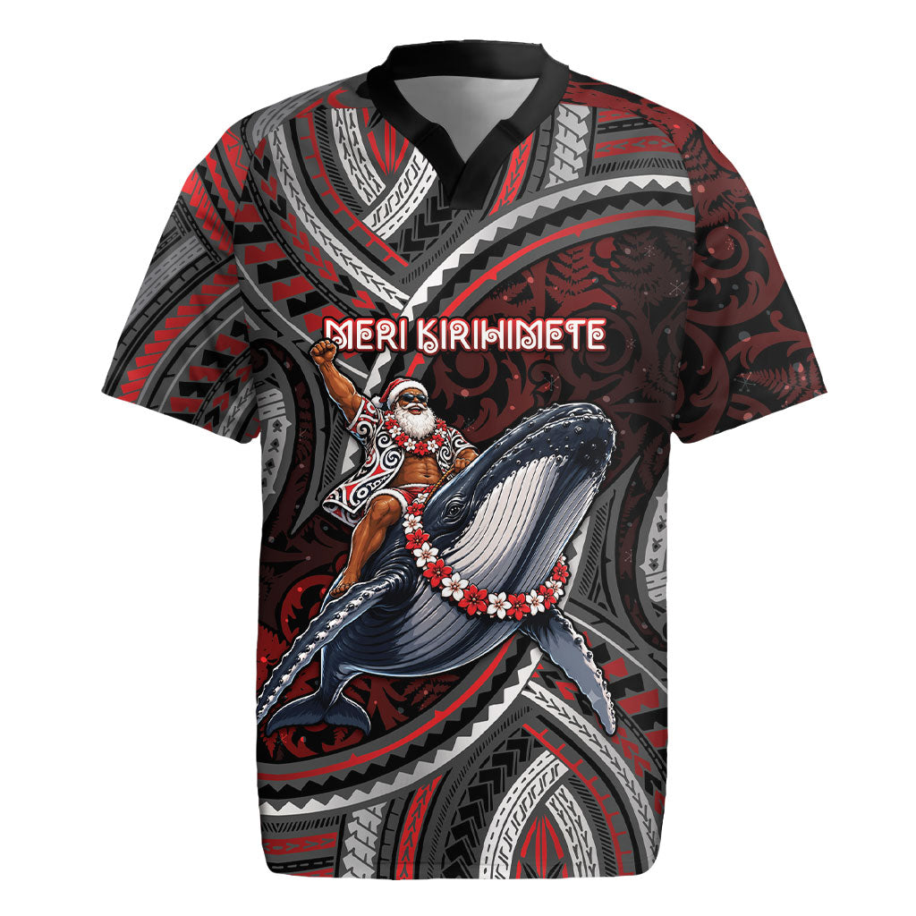 Aotearoa Christmas Rugby Jersey Santa Riding Humpback Whale Maori Koru DT05 Red - Polynesian Pride