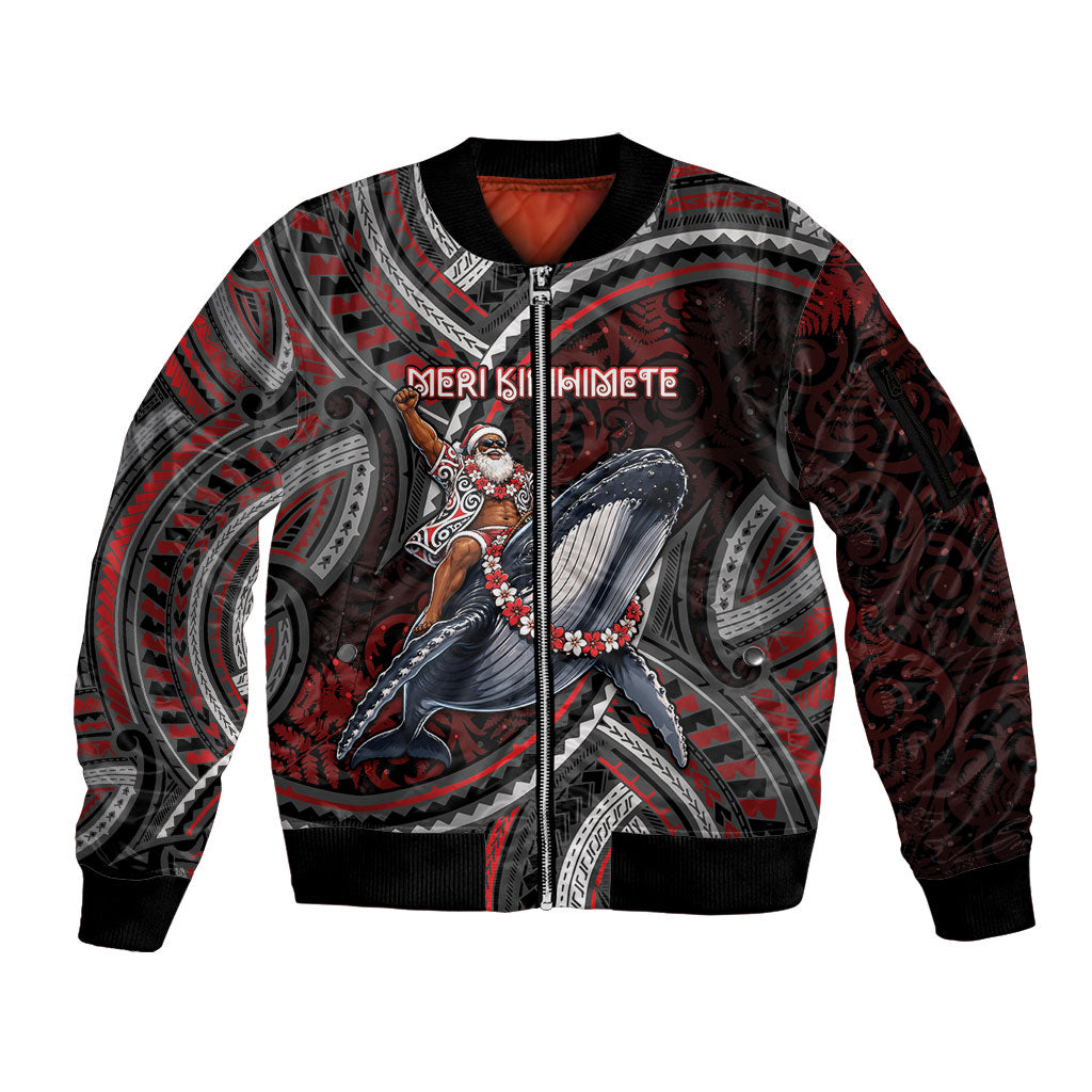 Aotearoa Christmas Sleeve Zip Bomber Jacket Santa Riding Humpback Whale Maori Koru DT05 Unisex Red - Polynesian Pride