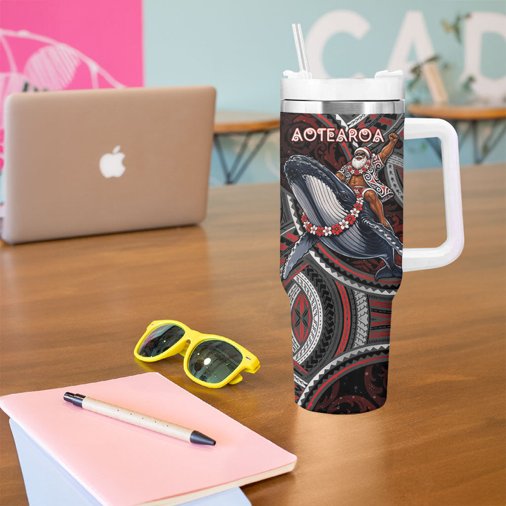 Aotearoa Christmas Tumbler With Handle Santa Riding Humpback Whale Maori Koru DT05 - Polynesian Pride