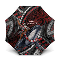 Aotearoa Christmas Umbrella Santa Riding Humpback Whale Maori Koru DT05 One Size Folded 11.42 inch Opened Diameter 37.4 inch Red - Polynesian Pride