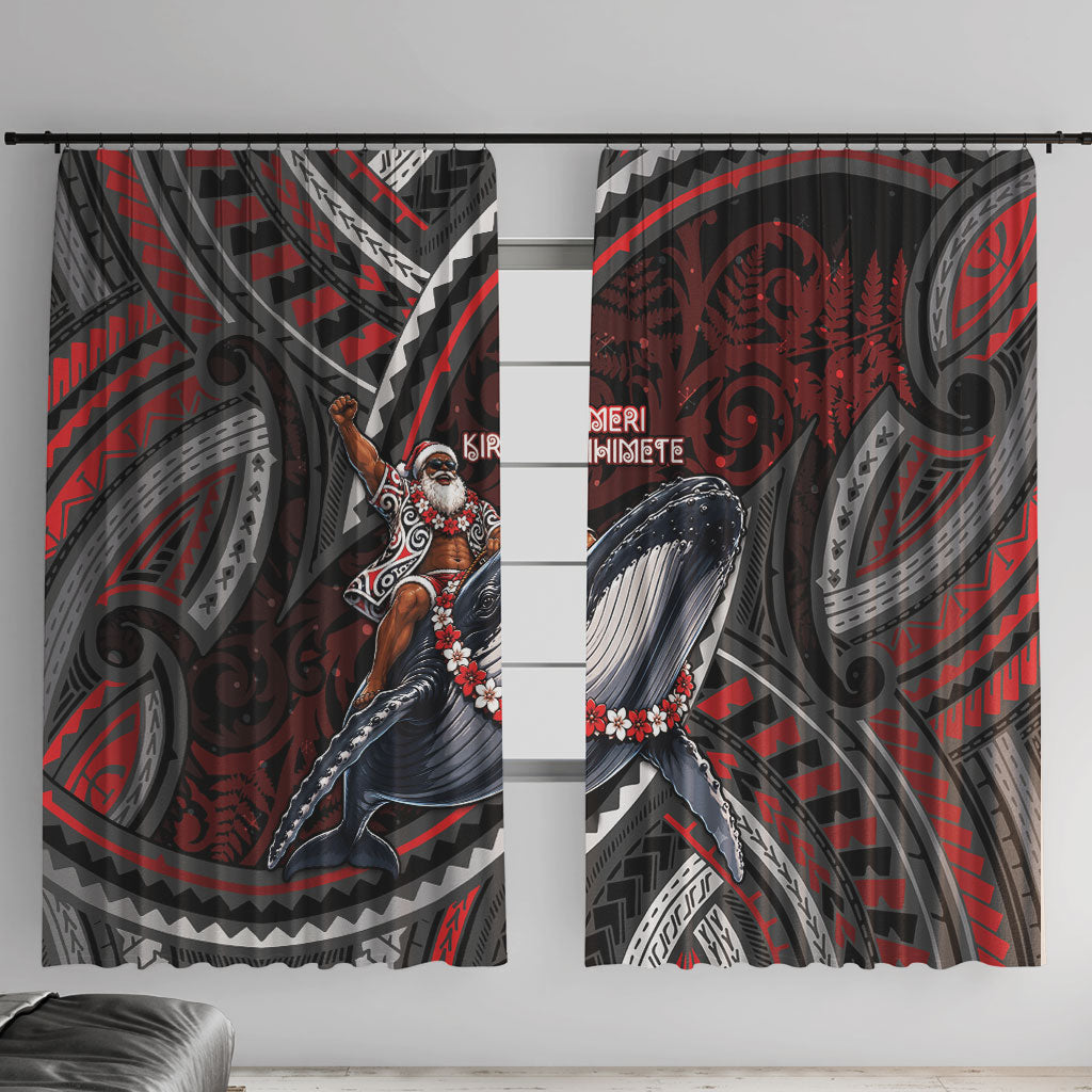 Aotearoa Christmas Window Curtain Santa Riding Humpback Whale Maori Koru DT05 With Hooks Red - Polynesian Pride
