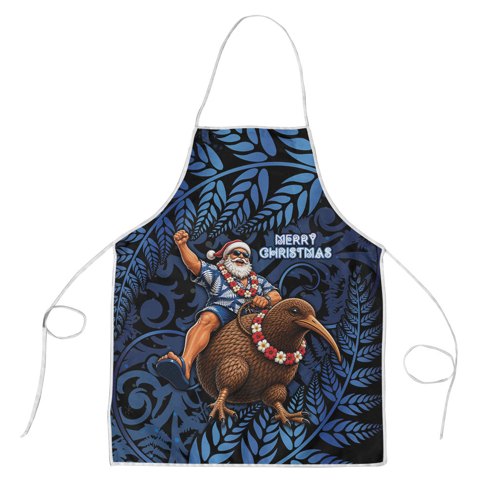 New Zealand Christmas Apron Santa Riding Kiwi Bird Silver Fern DT05 Navy - Polynesian Pride