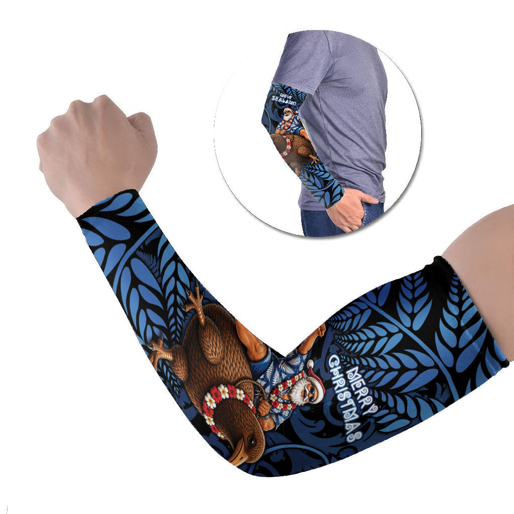 New Zealand Christmas Arm Sleeves Santa Riding Kiwi Bird Silver Fern DT05 Set of 2 Navy - Polynesian Pride