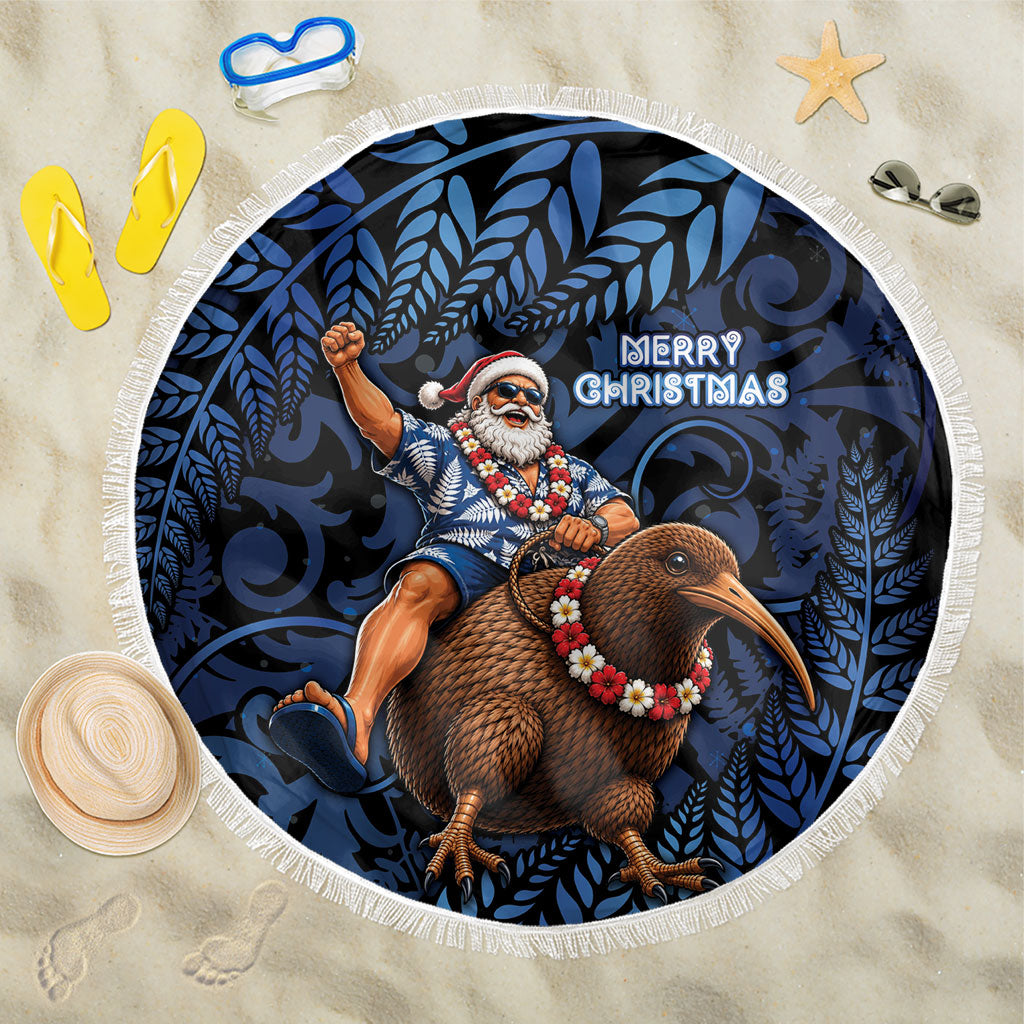 New Zealand Christmas Beach Blanket Santa Riding Kiwi Bird Silver Fern DT05 One Size 150cm Navy - Polynesian Pride