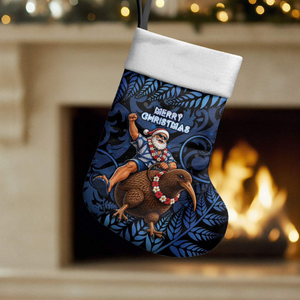 New Zealand Christmas Stocking Santa Riding Kiwi Bird Silver Fern DT05 Set of 2 Navy - Polynesian Pride