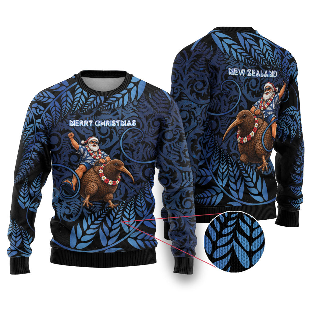 New Zealand Christmas Ugly Christmas Sweater Santa Riding Kiwi Bird Silver Fern DT05 Navy - Polynesian Pride