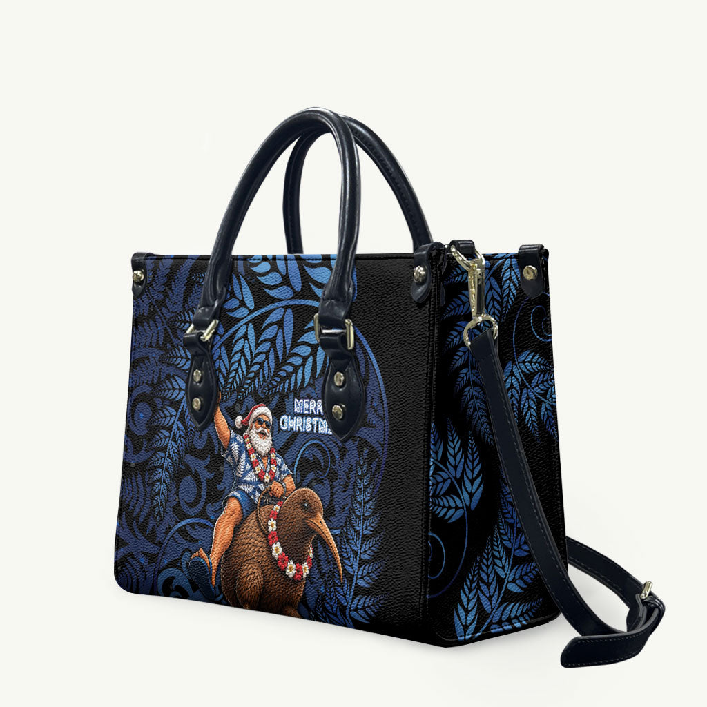 New Zealand Christmas Leather Bag Santa Riding Kiwi Bird Silver Fern DT05 Navy - Polynesian Pride
