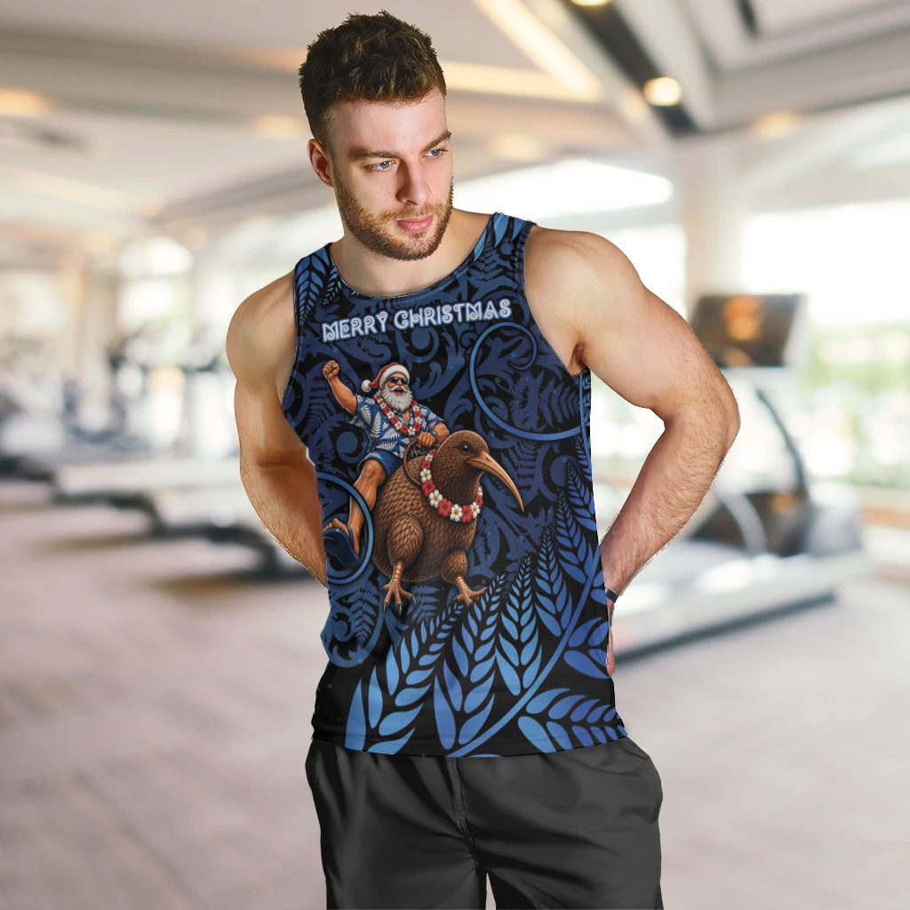 New Zealand Christmas Men Tank Top Santa Riding Kiwi Bird Silver Fern DT05 Navy - Polynesian Pride