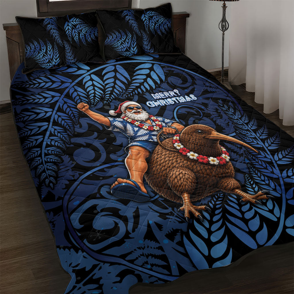 New Zealand Christmas Quilt Bed Set Santa Riding Kiwi Bird Silver Fern DT05 Navy - Polynesian Pride