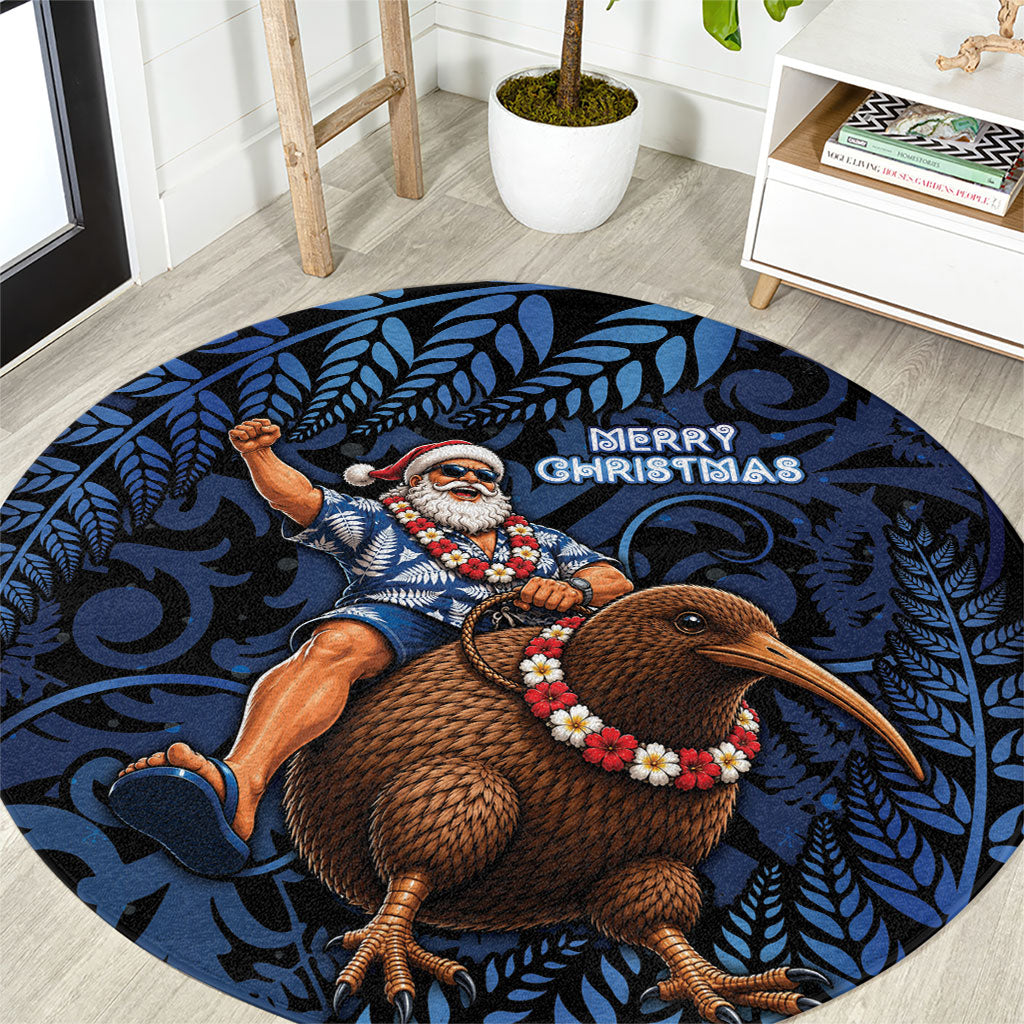 New Zealand Christmas Round Carpet Santa Riding Kiwi Bird Silver Fern DT05 Navy - Polynesian Pride