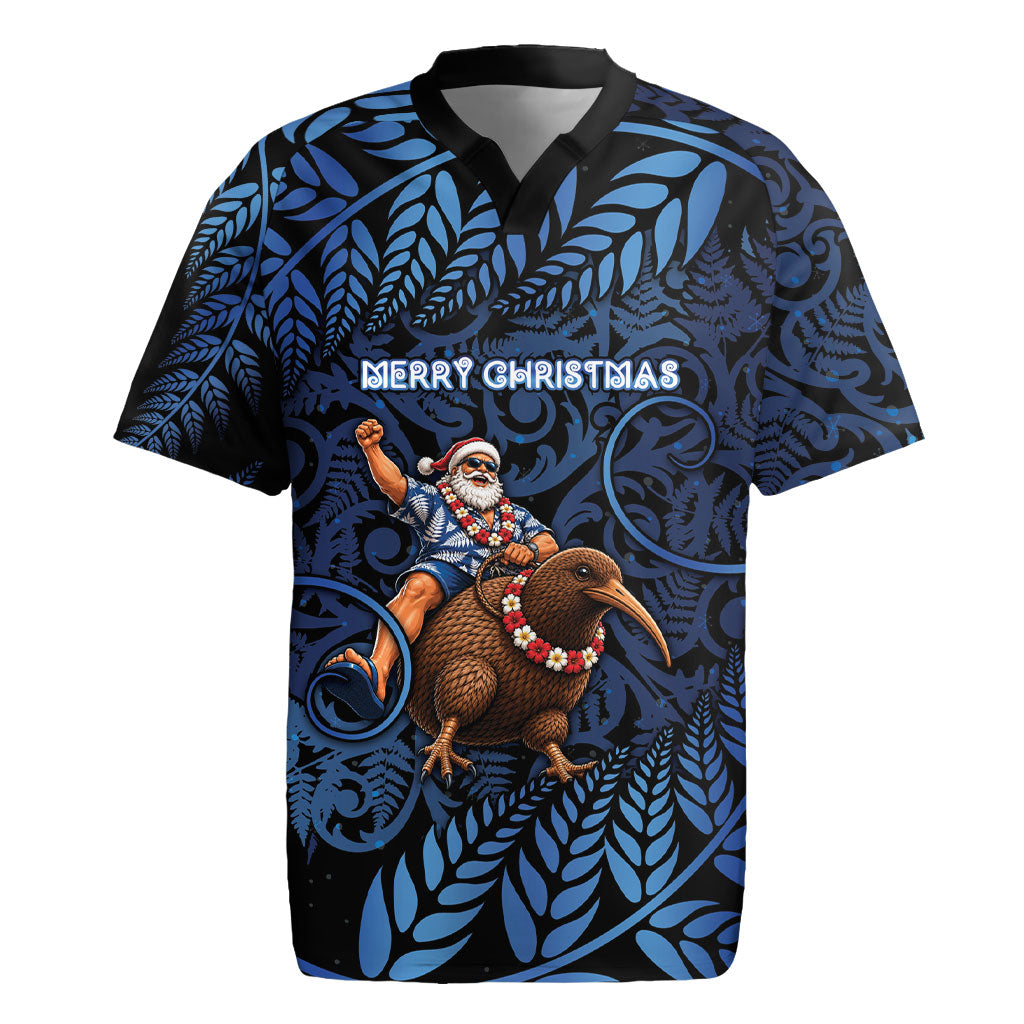 New Zealand Christmas Rugby Jersey Santa Riding Kiwi Bird Silver Fern DT05 Navy - Polynesian Pride