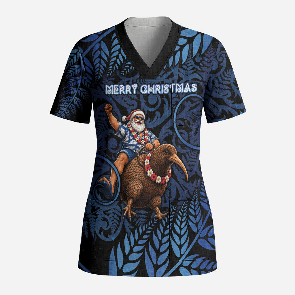 New Zealand Christmas Scrub Top Santa Riding Kiwi Bird Silver Fern DT05 Adult Navy - Polynesian Pride