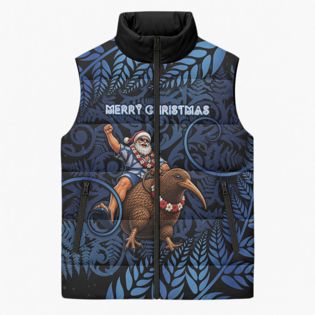 New Zealand Christmas Sleeveless Puffer Jacket Santa Riding Kiwi Bird Silver Fern DT05 Unisex Navy - Polynesian Pride