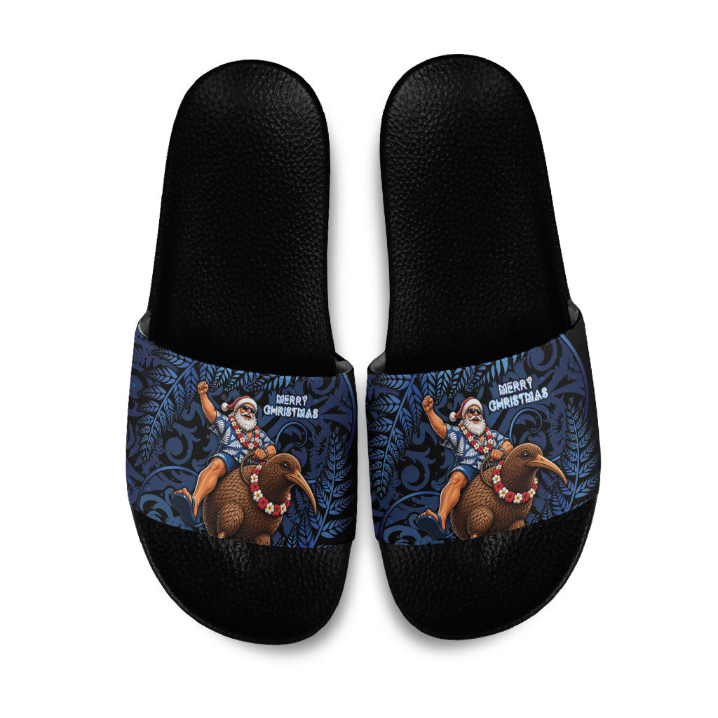 New Zealand Christmas Slide Sandals Santa Riding Kiwi Bird Silver Fern DT05 Navy - Polynesian Pride