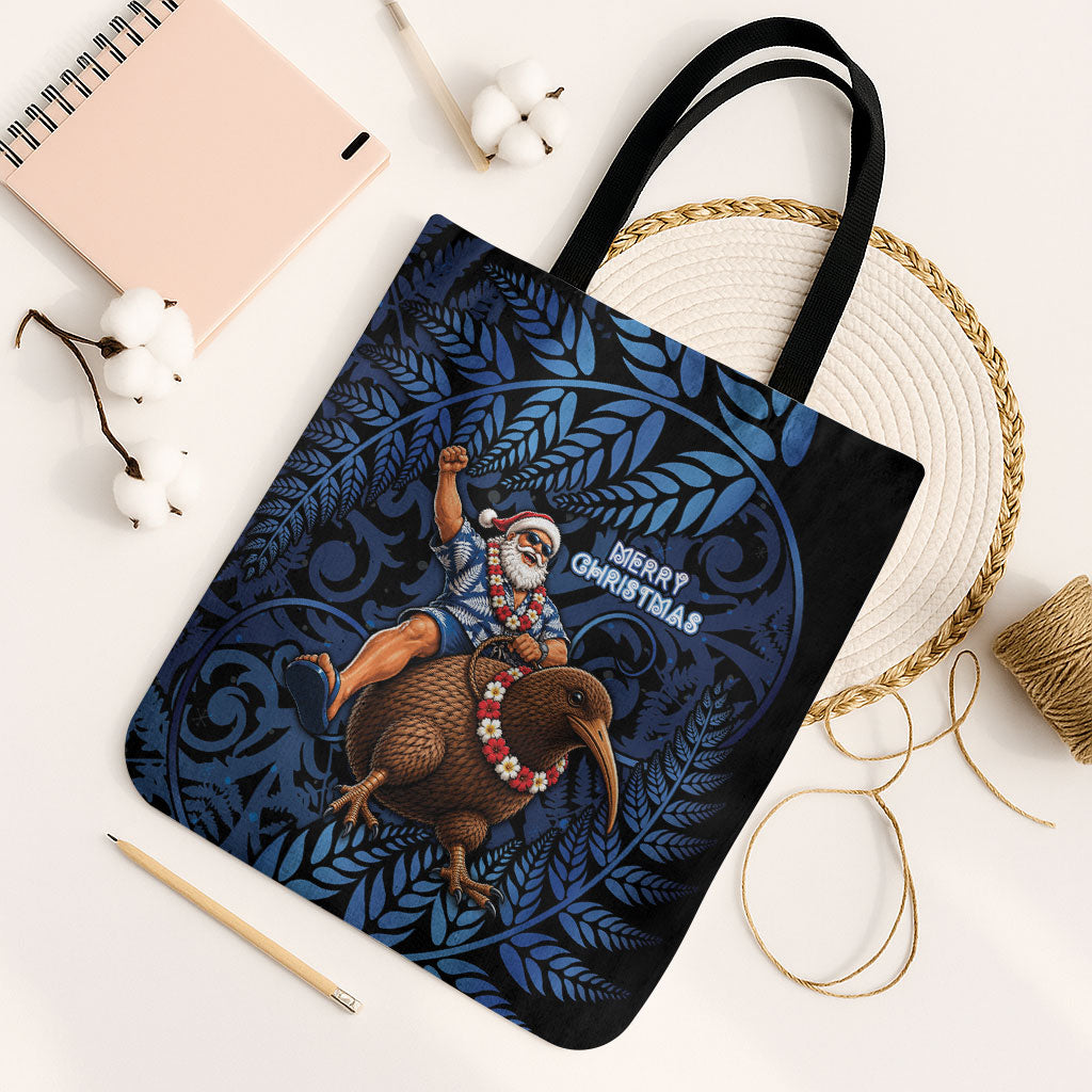 New Zealand Christmas Tote Bag Santa Riding Kiwi Bird Silver Fern DT05 Black Strap One Size Navy - Polynesian Pride