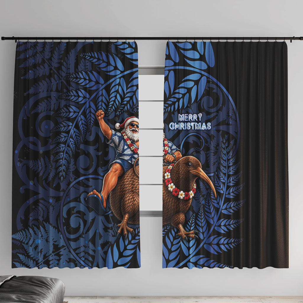 New Zealand Christmas Window Curtain Santa Riding Kiwi Bird Silver Fern DT05 With Hooks Navy - Polynesian Pride