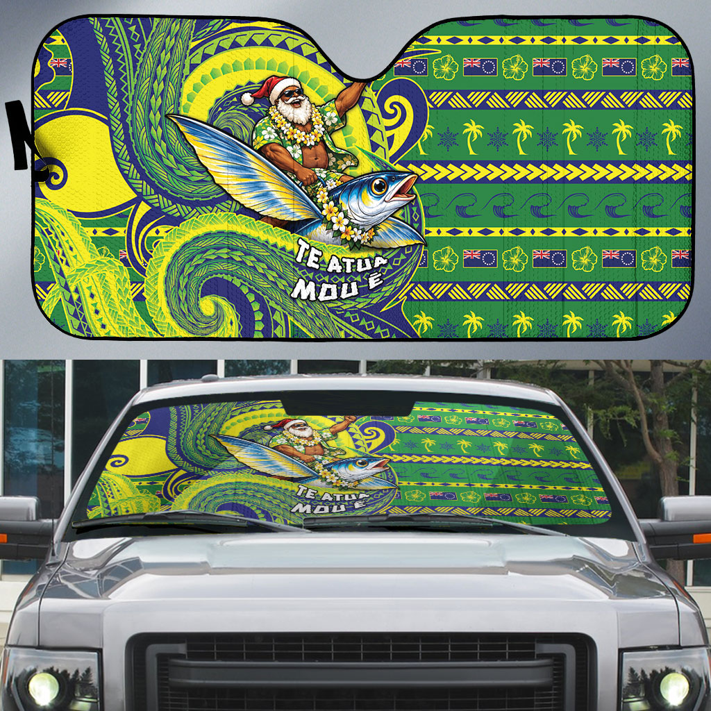 Cook Islands Christmas Auto Sun Shade Santa Riding Flying Fish DT05 Green - Polynesian Pride