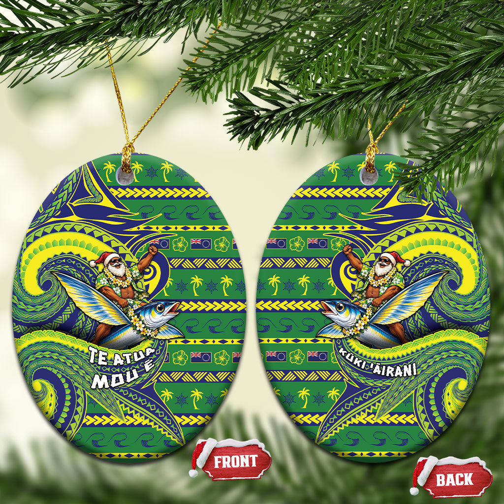 Cook Islands Christmas Ceramic Ornament Santa Riding Flying Fish DT05 Oval Green - Polynesian Pride