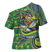 Cook Islands Christmas Cross Shoulder Shirt Santa Riding Flying Fish DT05 - Polynesian Pride