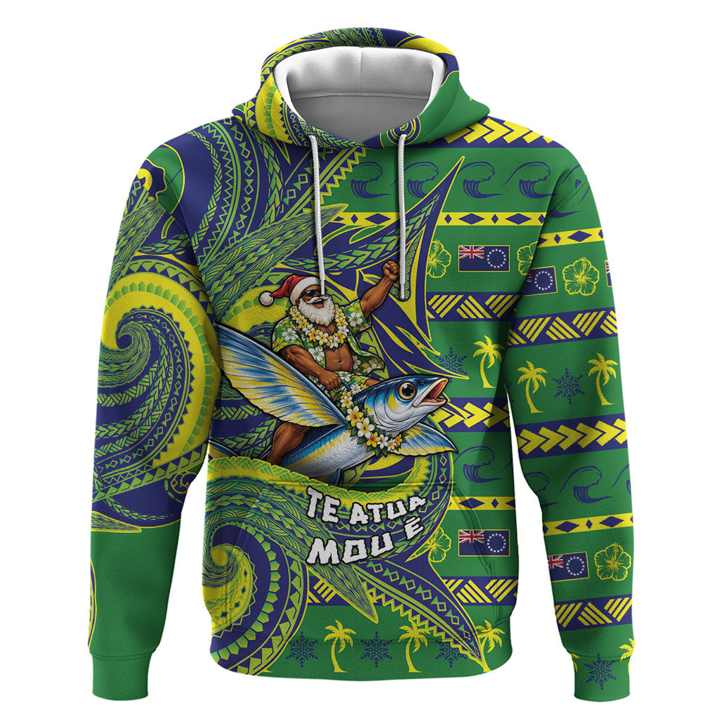 Cook Islands Christmas Hoodie Santa Riding Flying Fish DT05 Pullover Hoodie Green - Polynesian Pride