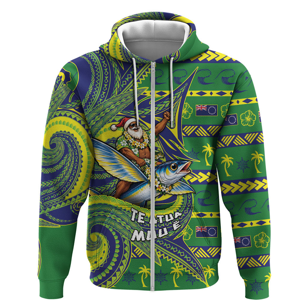 Cook Islands Christmas Hoodie Santa Riding Flying Fish DT05 Zip Hoodie Green - Polynesian Pride