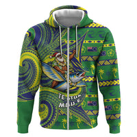 Cook Islands Christmas Hoodie Santa Riding Flying Fish DT05 Zip Hoodie Green - Polynesian Pride