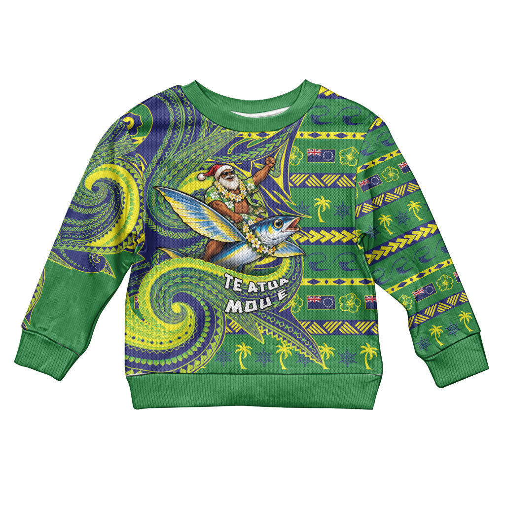 Cook Islands Christmas Kid Ugly Christmas Sweater Santa Riding Flying Fish DT05 Kid Green - Polynesian Pride