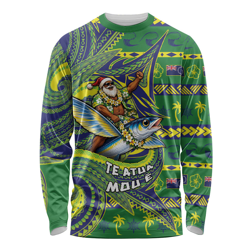 Cook Islands Christmas Long Sleeve Shirt Santa Riding Flying Fish DT05 Unisex Green - Polynesian Pride