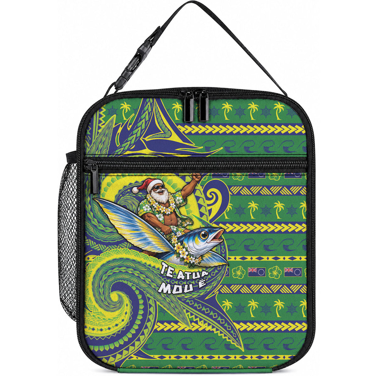 Cook Islands Christmas Lunch Bag Santa Riding Flying Fish DT05 10.2 × 8.3 × 4.3 inch Green - Polynesian Pride