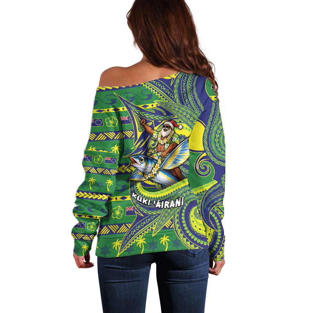 Cook Islands Christmas Off Shoulder Sweater Santa Riding Flying Fish DT05 - Polynesian Pride