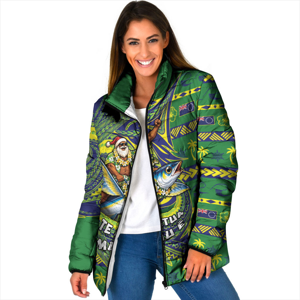 Cook Islands Christmas Padded Jacket Santa Riding Flying Fish DT05 Women Green - Polynesian Pride