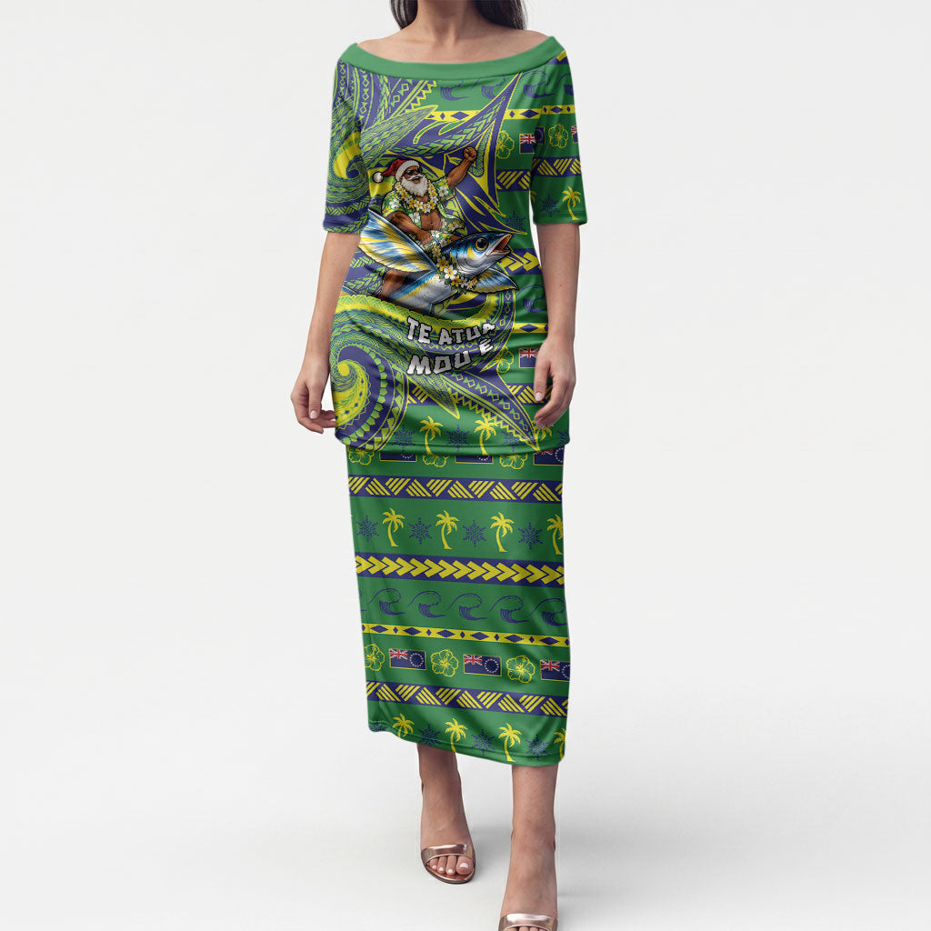 Cook Islands Christmas Puletasi Santa Riding Flying Fish DT05 Long Dress Green - Polynesian Pride