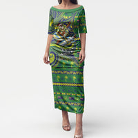 Cook Islands Christmas Puletasi Santa Riding Flying Fish DT05 Long Dress Green - Polynesian Pride